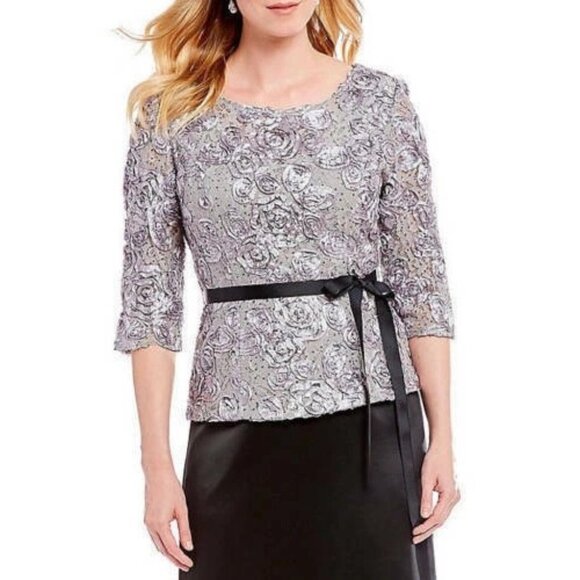 Alex Evenings Grey Rosette 3D Floral Sequin Embellished Blouse Shirt Top XL - Picture 1 of 8